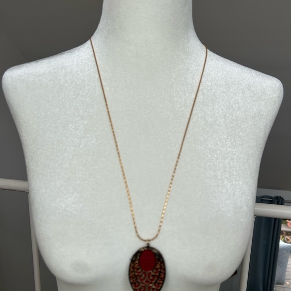 Unique Faux red Leather gold color chain necklace holiday warm winter fall goth - Picture 6 of 6